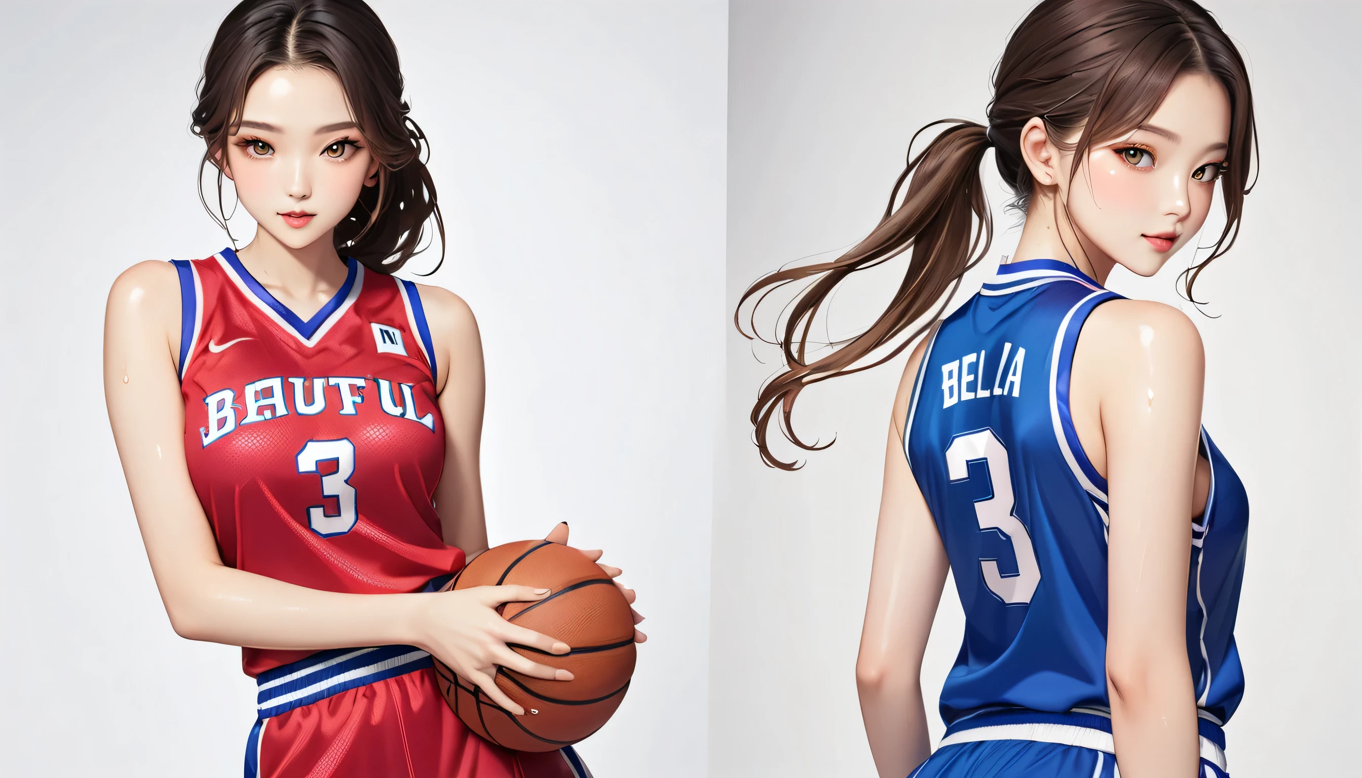 (work of art,highest quallity,超High resolution),Japanese woman, (((Beautiful 25 year old girl))), Bela 、Look at the photographer、 ((pretty low ponytail)), Super cute face, Glossy lips, Double eyelids in both eyes,Natural smile、 Make-up natural, long eyelashes, Shiny and smooth hair、center image, perfect limbs, Perfect Anatomia,(((Sleeveless basketball uniform)))、,(wet with sweat),,Turn around and look back