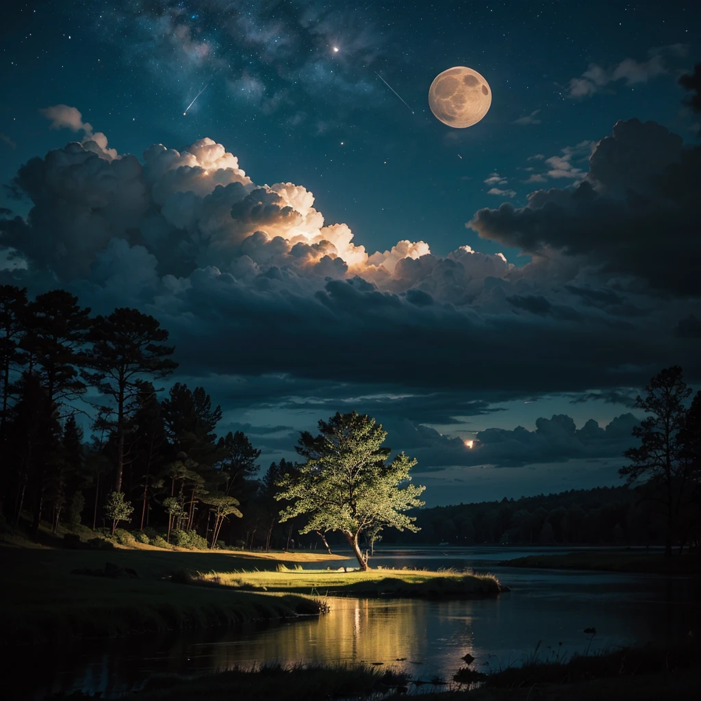 Massive clouds cover the sky and reach the ground, a moon behind the clouds reflects its light, a star-studded sky, on the right side of the screen, external lights reflect their light on a small lake, tall and shining grass from the moonlight, luminous insects, a giant mythical tree with a twisted trunk around itself, red and black, big clouds