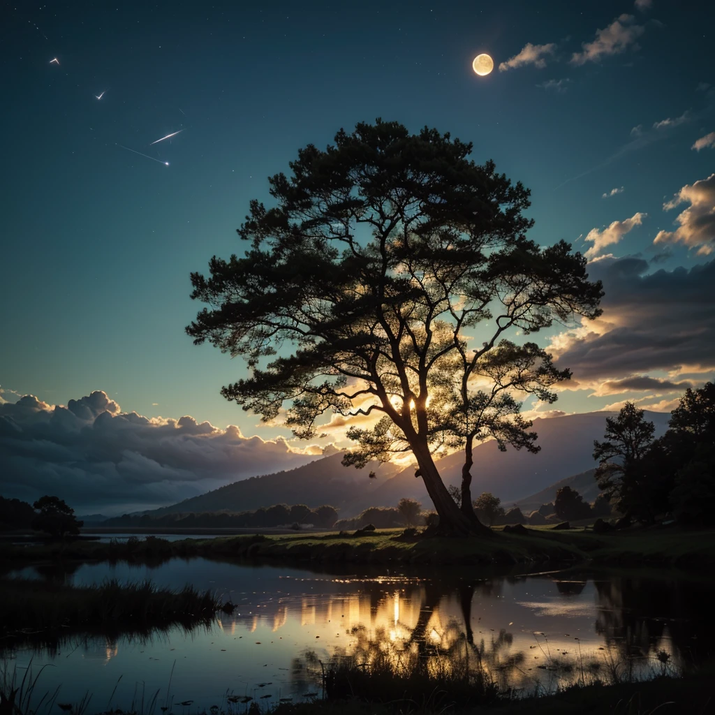 Massive clouds cover the sky and reach the ground, a moon behind the clouds reflects its light, a star-studded sky, on the right side of the screen, external lights reflect their light on a small lake, tall and shining grass from the moonlight, luminous insects, a giant mythical tree with a twisted trunk around itself, red and black, big clouds 