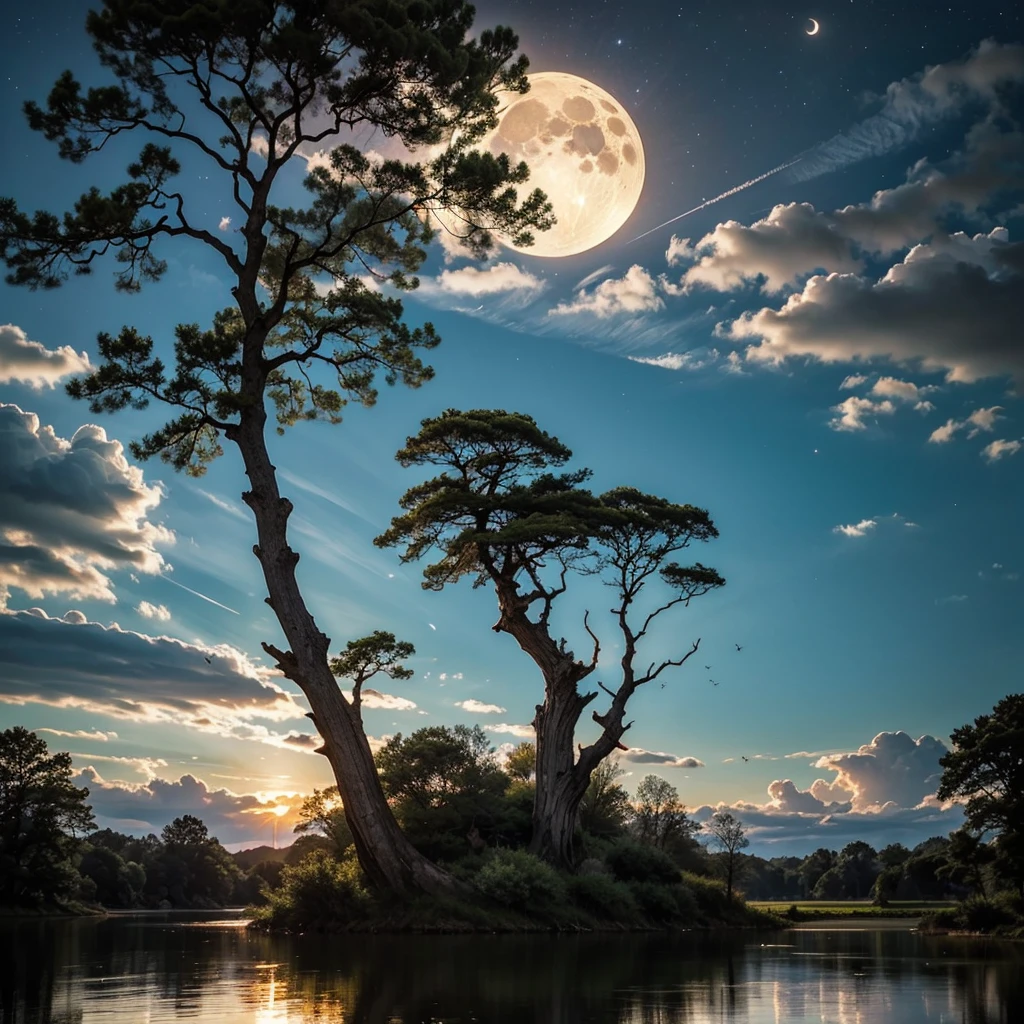 Massive clouds cover the sky and reach the ground, a moon behind the clouds reflects its light, a star-studded sky, on the right side of the screen, external lights reflect their light on a small lake, tall and shining grass from the moonlight, luminous insects, a giant mythical tree with a twisted trunk around itself, red and black, big clouds