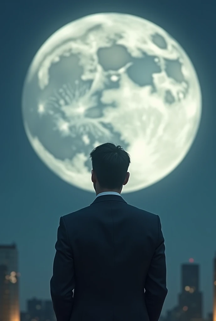 business man, wearing full suit, handsome Asian man, looking at a full moon. make the moon really big, no beard on face.