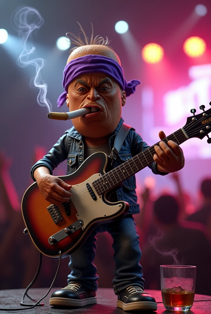generate a tobacco cigarette with a body and face like that of a person and with a violet bandana on the forehead and that is playing rock with a guitar in a concert while also smoking a cigarette and drinking whiskey