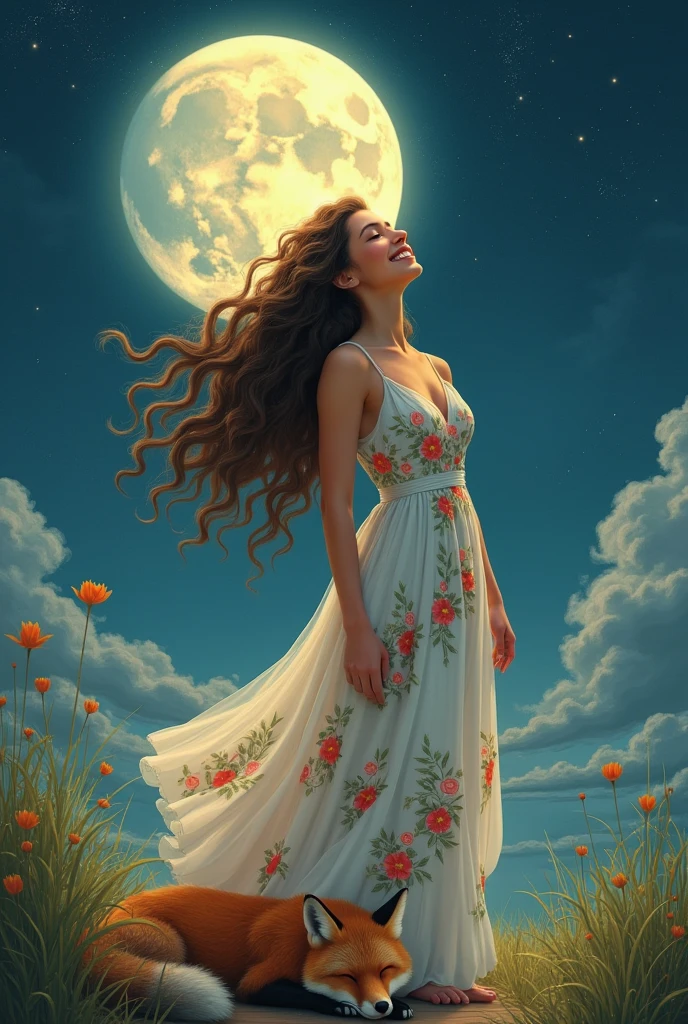Create an image of a white woman with curly hair, brown and long. She's wearing a white dress with red and green floral print. She is happy and smiling. She's looking at the stars and the full moon. And a fox lying asleep at your feet. 