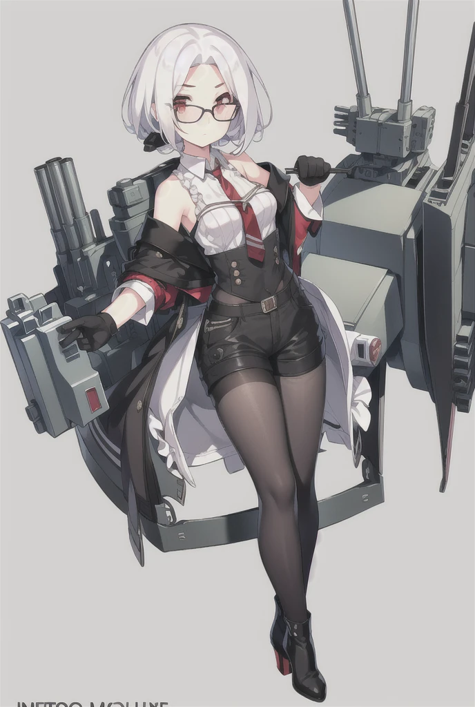 Vittorio_Veneto \(warship girls r\),((masterpiece)),(((best quality))),((ultra-detailed)),((illustration)),((disheveled hair)),((frills)),(1 girl),(solo),1girl,adjusting eyewear,bangs,bare shoulders,black footwear,black gloves,black legwear,black shorts,book stack,boots,bucket,cannon,character name,closed mouth,collared shirt,cup,eyebrows visible through hair,full body,glasses,gloves,gradient,hand up,high heel boots,high heels,looking at viewer,machinery,mecha musume,mug,necktie,off shoulder,pantyhose,parted bangs,red eyes,rigging,shirt,short hair,shorts,smoke,smokestack,solo,standing,striped,striped necktie,suitcase,sunglasses,turret,white hair,white shirt,