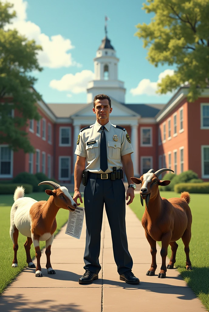 A security guard caught three goats roaming the college campus