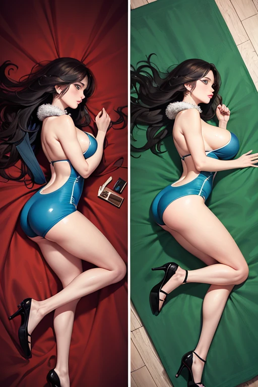 ((Best Quality)), ((masterpiece)), (detailed), 1 girl, lying on the canvas of a classic car wearing a blue and green swimsuit, wavy fur, by rubio, blue eyes, black heels, big breasts, neckline,((Whole body)), view from above,((profile view))