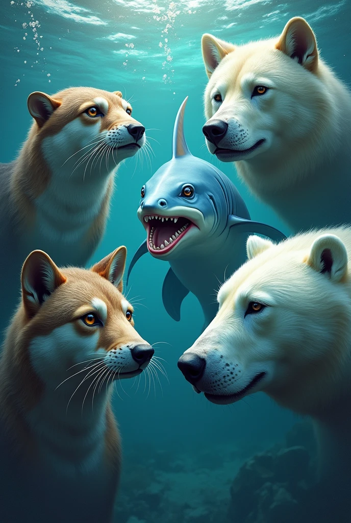 An image that includes an otter, a wolf, A mermaid, A swordfish and a polar bear on a water background, using only their heads