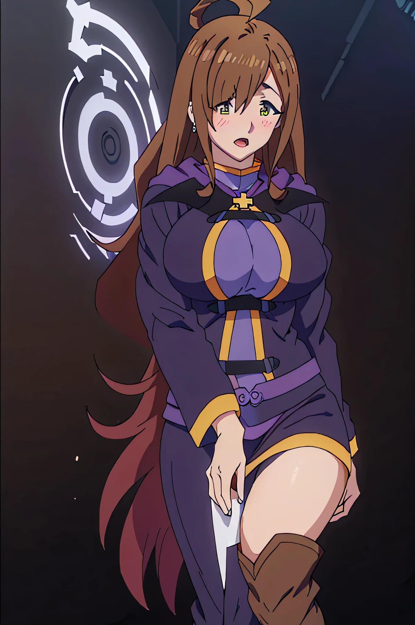 all intricate details, full body, a female anime anime character with large expressive eyes and black hair in a dark purple outfit, 1girl view, solo, virtual youtuber, ahoge, green eye, heterochromia, brown eye, open mouth, white background, breasts, simple background, braid, brown hair, upper body, hair ornament, looking at viewer, symbol-shaped pupils, star (symbol), blush, (wiz konosuba outfit),Wiz, brown hair, golden eyes, lich robes, purple lich robes, boots, hair over eye