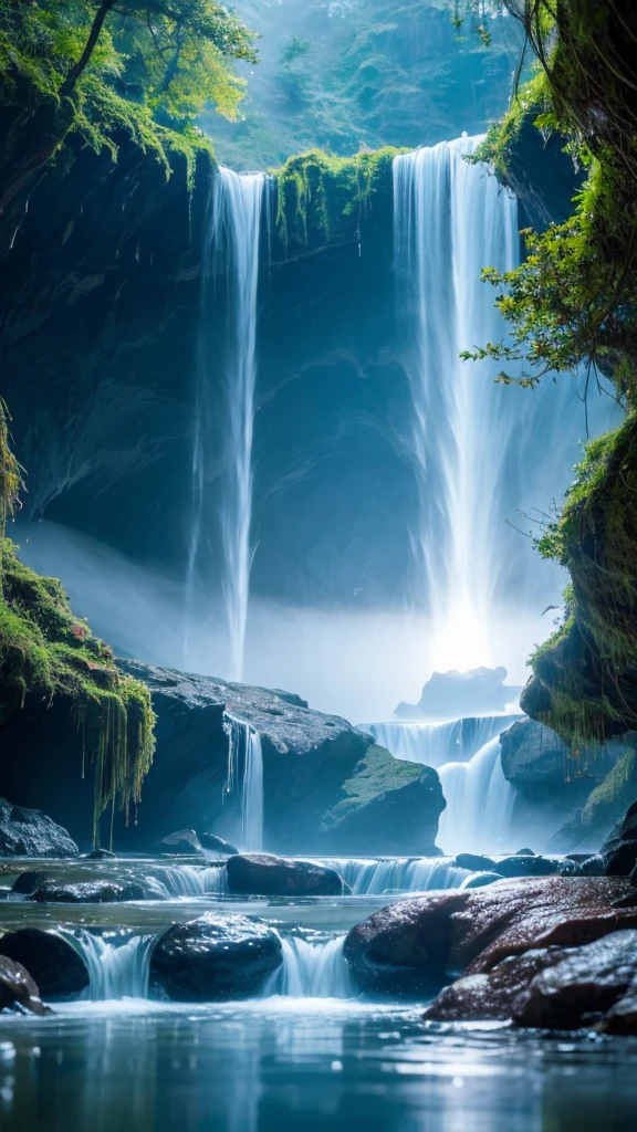 A large, glowing heart made of crystal-like stones floats in the air above the waterfall. The mist from the water reflects the light of the heart, creating a surreal and mysterious atmosphere. Occasionally, small birds fly through the mist, bringing the scene to life.