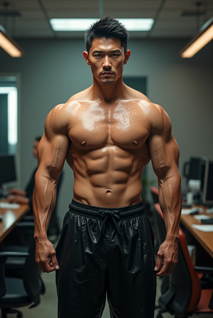 A Korean man with short hair and handsome face features wearing long sleeved shirt,muscle balance,wet clothes, pants, and shoes standing in an office with masculine pose and fierce expression, facing straight to the camera, muscular build, detailed face, detailed clothes, detailed background