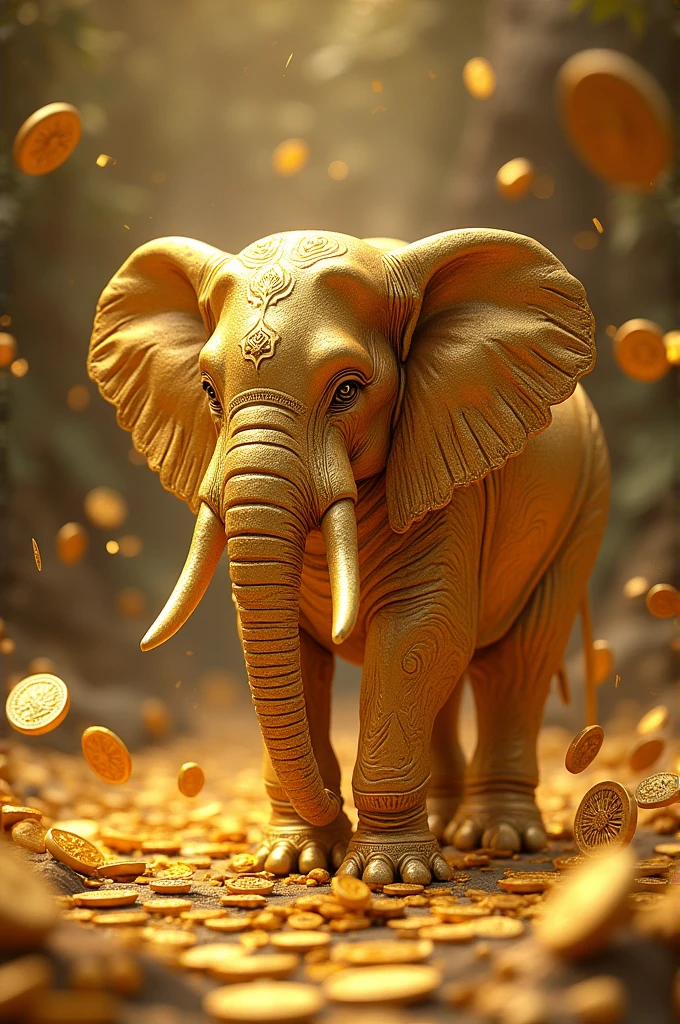 Golden elephant with many gold coins around it