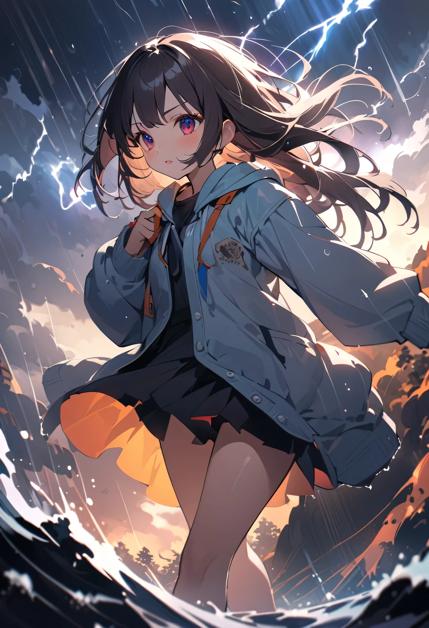 Highest quality、High resolution、Detailed Background、(Beautiful face in every detail:1.4)、age beauty、Anatomically correct、(Normal number of fingers:1.2)、Detailed eyes、Highly detailed face、Perfect body line、Light color hair、Bobcut、ponytail、cute hairstyle、well-groomed eyebrows、Cute gestures、Natural beauty、typhoon、heavy rain、Very strong winds、
(Typhoon day、storm.:1.5)、
Black clouds cover the darkening sky、A strong wind is blowing、wood々The branches are shaking violently、
A girl desperately trying to move forward、Wearing a light jacket and holding her hair down, she is walking with all her might.、She occasionally looks back with a worried expression.、
The girl's legs are about to get tangled up as the strong wind blows them.、The road is littered with fallen signs and leaves, creating a dangerous situation.、
The girl seems to be desperately walking through it, searching for something.、A girl desperately tries to move forward in the dark and raging nature.、The girl's efforts and the raging typhoon、cute