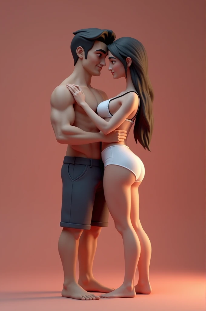 3D animation of a handsome man with a strong body not wearing clothes, having sex with a beautiful woman, white skin, sexy body, big breasts, wearing a bra, big ass