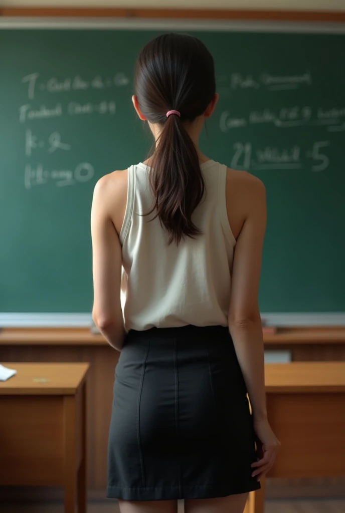 masterpiece,Highest quality,(Ultra high definition,8K Photo Wallpaper),(Highest quality),Physical Rendering,A female teacher standing in front of a blackboard in a high school classroom,Sleeveless shirt and black pencil skirt,Backwards,The arm hair is shining in the half-backlight.,The skirt is so tight that you can see her panty line.,Students are sitting on the chairs in the student room.,