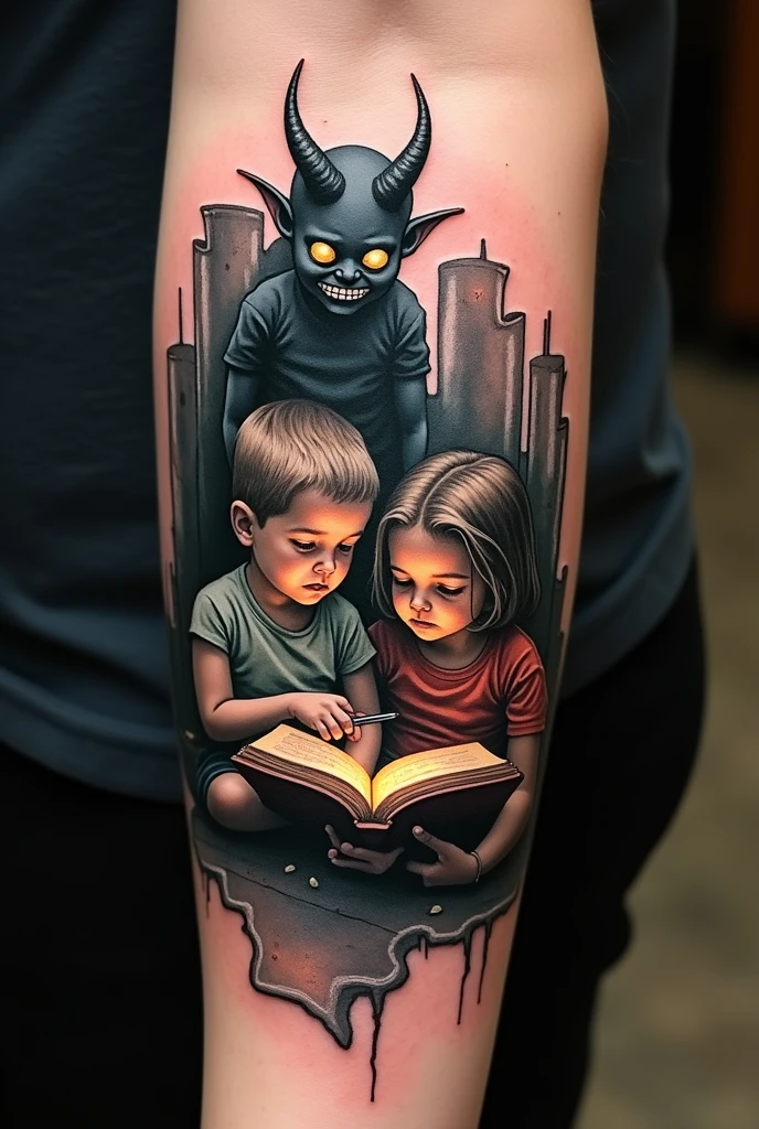 Generate me a tattoo for a man on the forearm with 2 children reading and a demon in a childish style watching over them in a metal style 