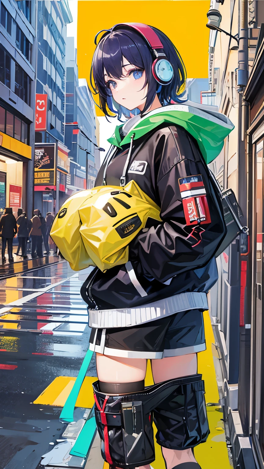 8k resolution、((Highest quality))、((masterpiece))、((Very detailed))、1 female、alone、Unbelievably absurd、Oversized hoodie、Headphones、street、Yellow background、rain、Fluorescent neon、Shortcuts、Light-colored eyes、Place one'In one hand'pocket、Shorts、Water droplets fall、Unusual eye color, Vivid eyes