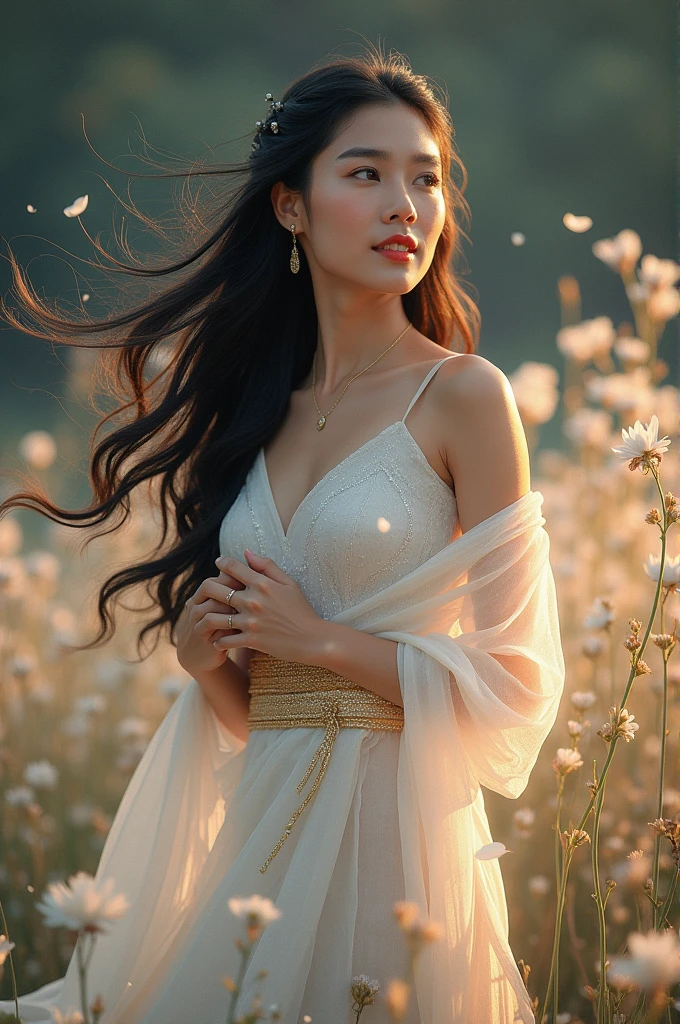 In the wind of the evening stars, of the evening stars, blowing small white flower petals, full-body picture of a beautiful, sweet young woman, 25 years old, wearing a Thai Dusit dress, white with a blue-gold sparkle, wearing a gold sarong, a white silk shawl, glowing and shimmering, with long black hair, tied loosely. The scene is beautiful like a dream, a jasmine garden scene, white, pink, glowing and shimmering light, 3D picture, oil painting, sharp picture.