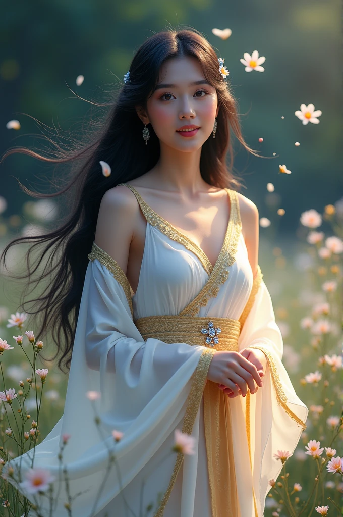 A gentle goddess in the golden sun, dressed in a flowing white dress, in the grass. Flowers, beautiful eyes, medium view