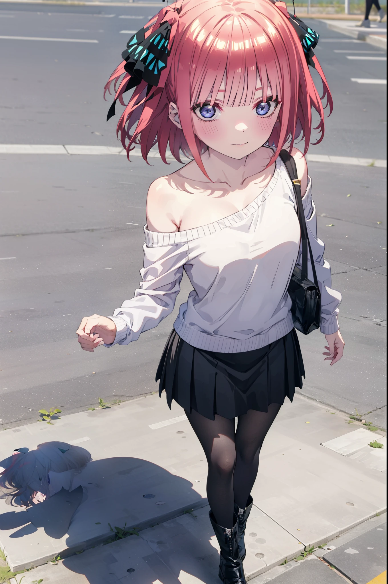I was silent, Nakano Nino, Short Hair, bangs, blue eyes, hair ornaments, Hair Ribbon, Pink Hair, blunt bangs, Both sides up, butterfly hair ornaments,smile,One-shoulder sweater,mini skirt,White pantyhose,short boots,Walking,Daytime,Clear skies,whole bodyがイラストに入るように,
break outdoors, School,courtyard,
break looking at viewer,whole body,
break (masterpiece:1.2), Highest quality, High resolution, unity 8k wallpaper, (figure:0.8), (Beautiful attention to detail:1.6), Highly detailed face, Perfect lighting, Highly detailed CG, (Perfect hands, Perfect Anatomy),