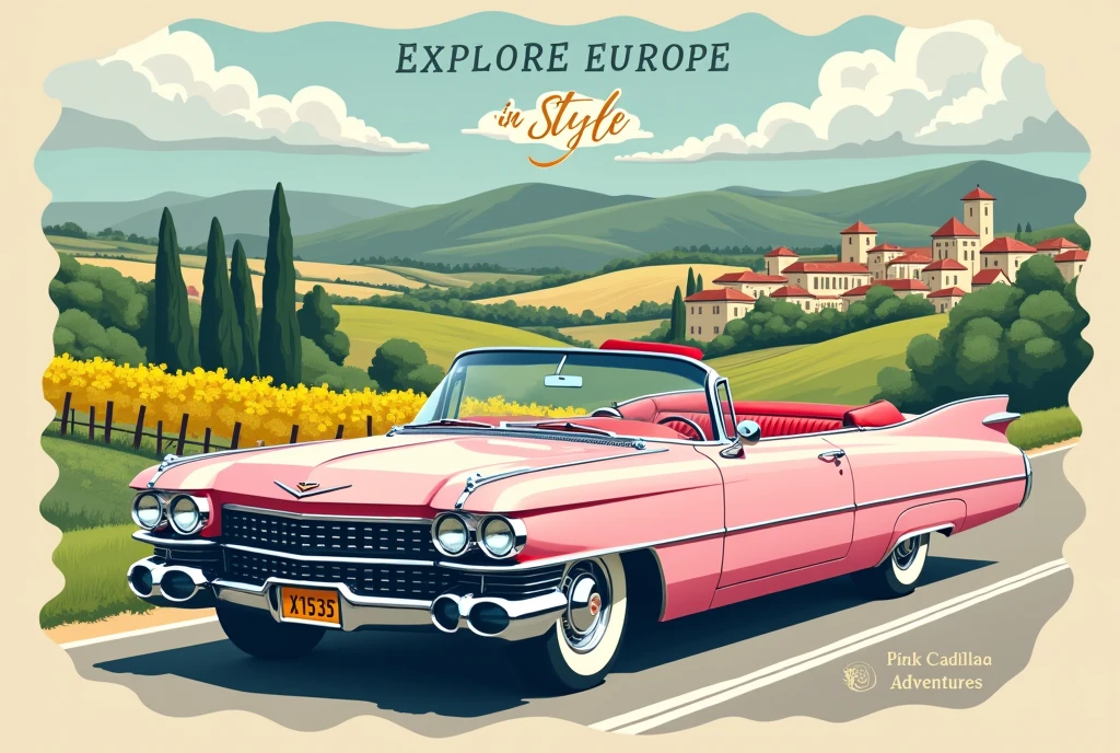 A stylized travel poster featuring a pastel pink Cadillac convertible driving through a picturesque European landscape, with rolling hills, vineyards, and charming villages in the background. The text on the poster reads: 'Explore Europe in Style - Pink Cadillac Adventures.' The image evokes a sense of wanderlust and adventure.