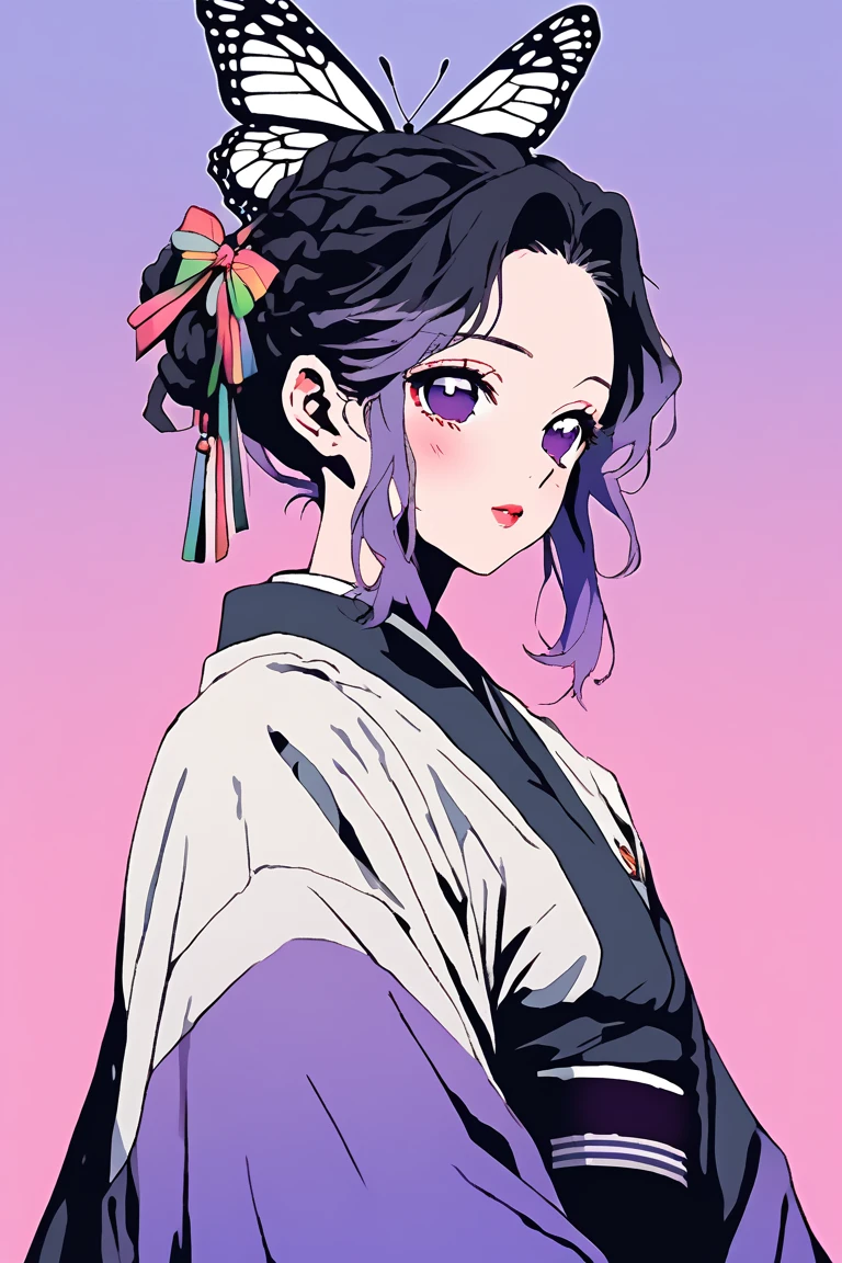 (Highest quality, sketch:1.2),Realistic,Illustrator,anime,1 , Detailed lips,school uniform,White butterfly haori、Rainbow custom underneath,Pink gradient background,Neon Hair,Texture Cropping,masterpiece, Style: Retro Classic, Dark Black、Braid、Under the Moon、black and purple hair、Beautiful account、Blue butterfly hair ornament、Upstyle Hair、Hair is a night 