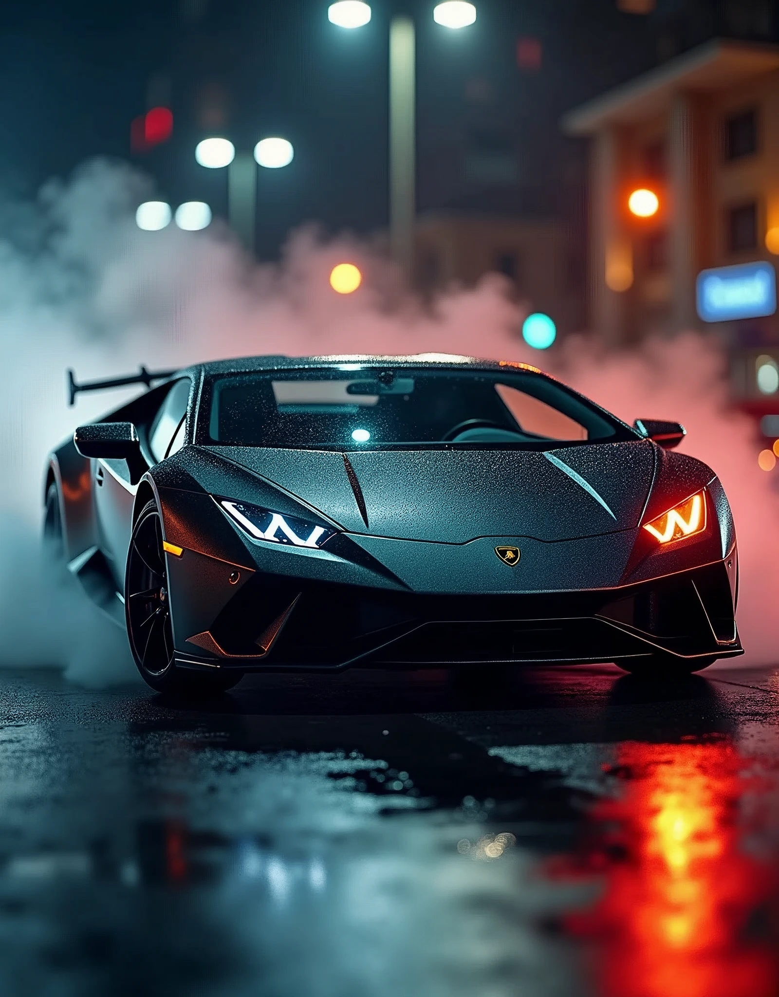 "Masterpiece, Best Quality, Super Detailed, High Definition, HDR, Realistic, Depth, Fine Texture, Super Fine, Complete concentration, Lamborghini sports car, sleek and aggressive design, smoke effects, drifting through smoke, dynamic motion, smoke swirling around the tires, cinematic lighting, glowing headlights, glossy car body, reflections on the car surface, sharp focus, highly detailed car exterior, vibrant colors, rich contrast, urban night setting, street lights reflecting off the car, dramatic angle, low perspective shot, atmospheric mood, powerful and intense scene, sense of speed and power."
