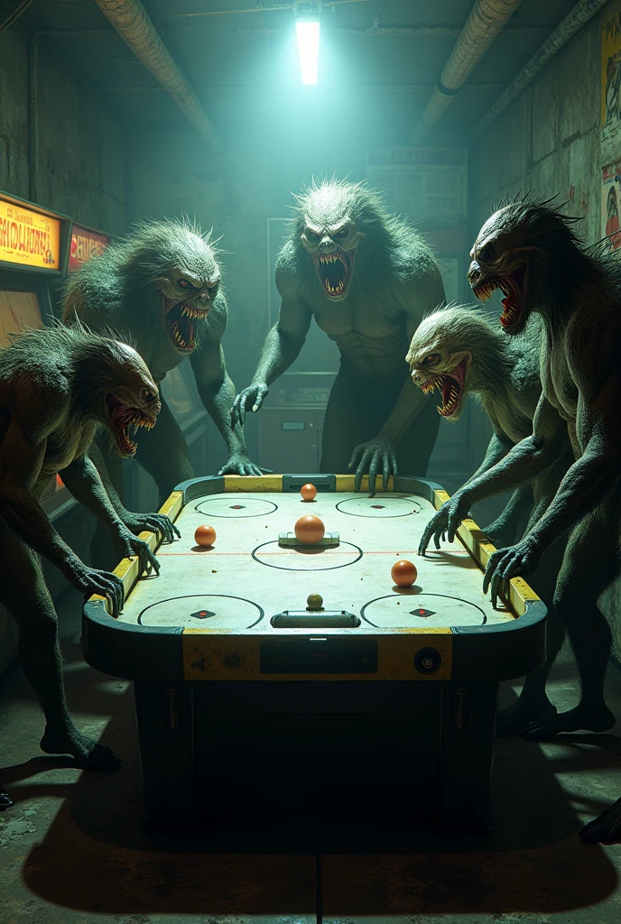 Full-body horror characters playing air hockey