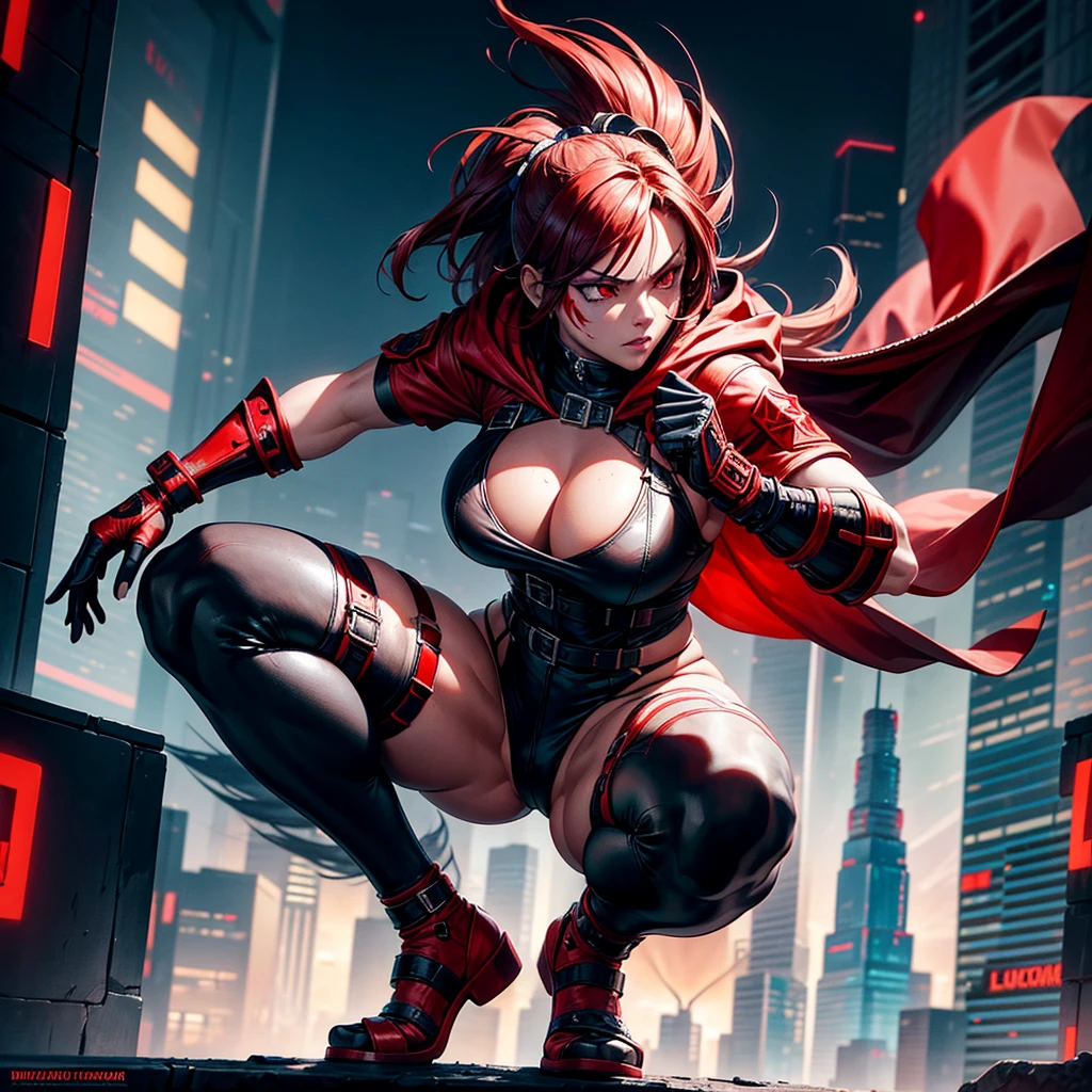 Highly detailed, stylized digital artwork featuring characters from a cyberpunk setting. The subject is a muscular, busty, light-skinned, hot woman squatting on a rooftop with a cityscape of neon lights and skyscrapers in the background. The character has intense red eyes, wears a hooded cloak, and is adorned with red and black tactical gear, including fingerless gloves, arm guards, and various straps and buckles. They had a katana strapped to their backs and their faces were painted in red war paint. The overall color palette is dominated by dark tones, paired with eye-catching reds, creating a dramatic and strong atmosphere.