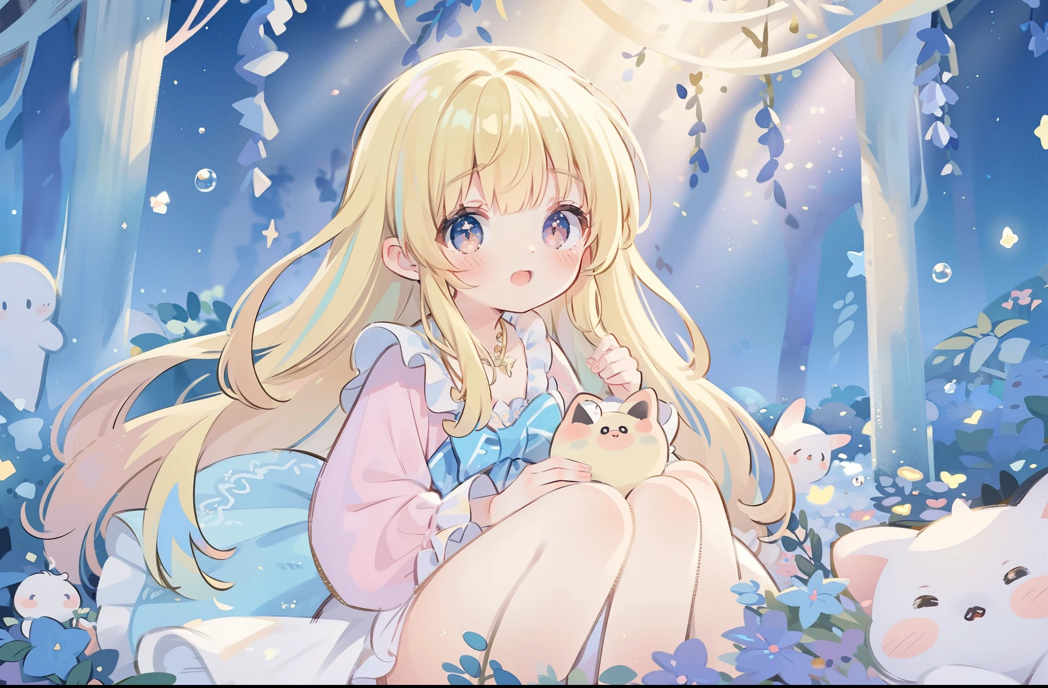 masterpiece, best quality, 8k resolution, sharp focus, intricate detail, beautiful girl, sparkling eyes, golden ratio face, otherworldly liquid, watercolor, muted colors, bright colors, whimsical, colorful, sharp focus, high resolution, fine detail, ((layered tiered puffy long sleeves ballgown)), ((round eyes)), iridescent bubbles, fantasia background