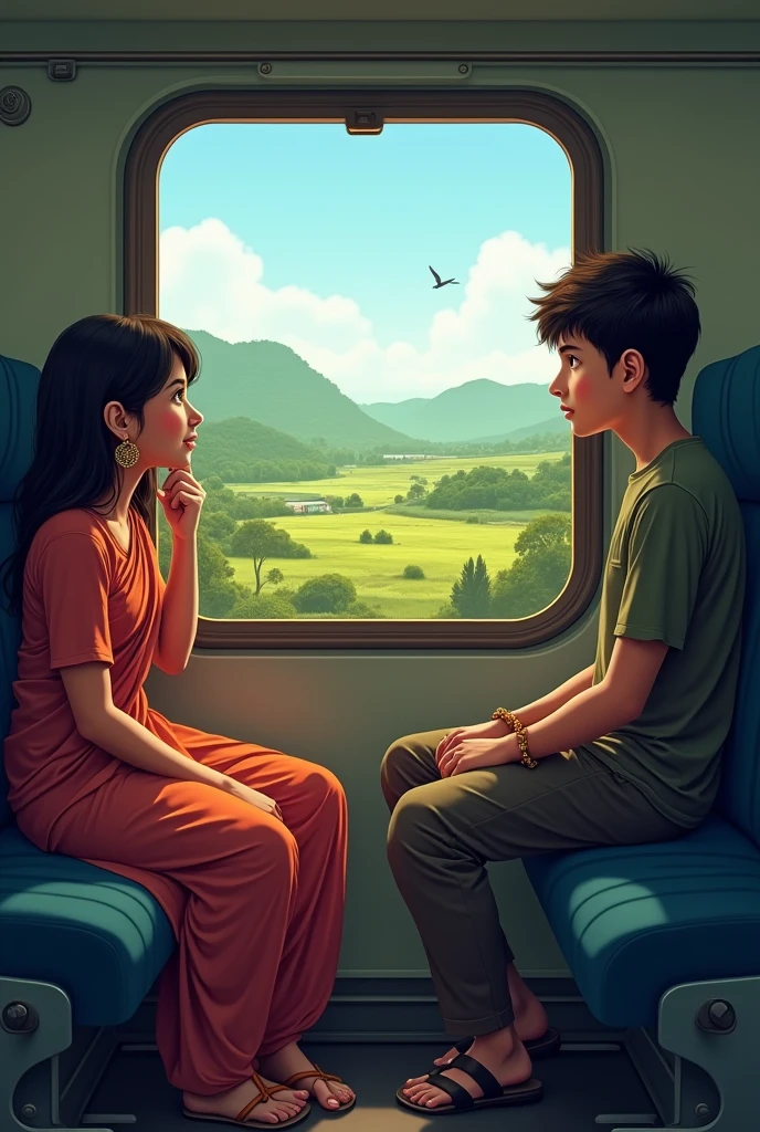 A teengirl nd teenboy in an Indian train seating opposite to each other looking outside the train to a beautiful scenery