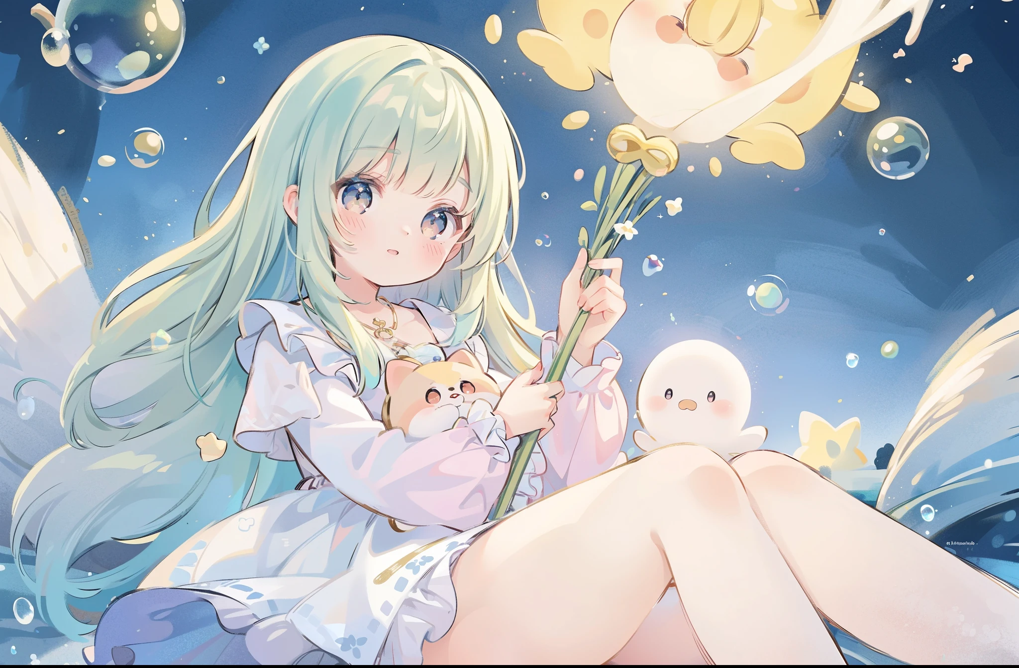 masterpiece, best quality, 8k resolution, sharp focus, intricate detail, beautiful girl, sparkling eyes, golden ratio face, otherworldly liquid, watercolor, muted colors, bright colors, whimsical, colorful, sharp focus, high resolution, fine detail, ((layered tiered puffy long sleeves ballgown)), ((round eyes)), iridescent bubbles, fantasia background