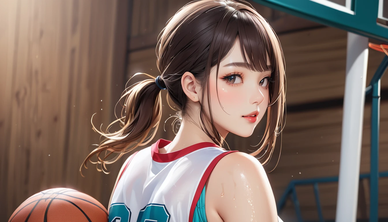 (work of art,highest quallity,超High resolution),Japanese woman, (((Beautiful 25 year old girl))), Bela 、Look at the photographer、 ((pretty low ponytail)), Super cute face, Glossy lips, Double eyelids in both eyes,Natural smile、 Make-up natural, long eyelashes, Shiny and smooth hair、center image, perfect limbs, Perfect Anatomia,(((Sleeveless basketball uniform)))、,(wet with sweat),,Turn around and look back