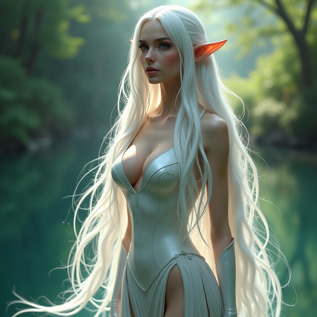 High elf, platinum white, super long hair, solid super special big breast, slender, glamorous, elf forest lake