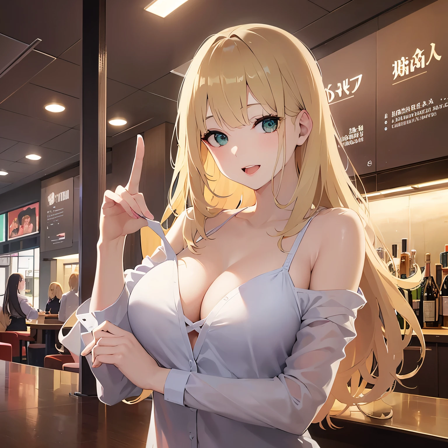 peace sign, Cleavage、Upper Body, Realistic, real person, (pale skin: 1.2), RAW photo, photorealistic, shiny skin, shiny hair、(A 25-year-old woman with medium-length hair and bangs) and (wavy hair) and (Blonde Hair) and (green eyes) , BREAK (white) and (off shoulder blouse) BREAK 、smile, open mouth, The background is the interior of a restaurant at night.、Alone、Are standing