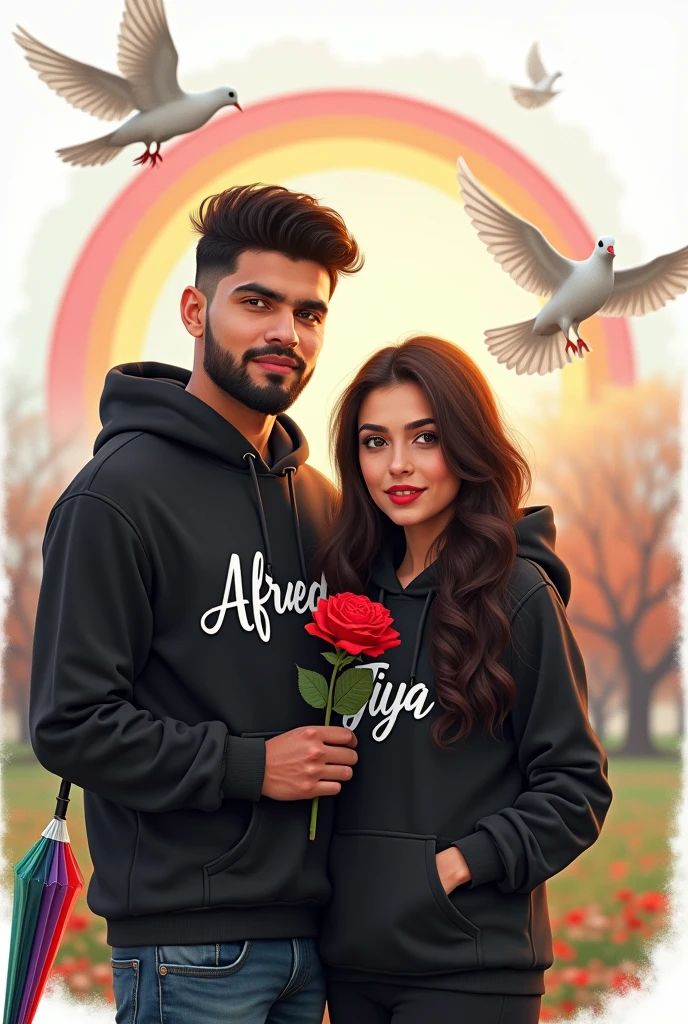 Realistic Pakistani 25-year-old Handsome boy with beard ,Black Hoodie with a 22-year beautiful girl in a Black Hoodie, the girl has a red rose flower in her hand, and the boy holding a multi-colorful umbrella in his hand, written in "Afreed" in the boy's hoodie, and "Jiya" in girl hoodie, in outdoor Park with white Background Doves Flying, Beautiful  picture, pretty girl, So happy picture, profile pic, Rainbow Behind, 3d illustration, hyperrealistic, Look straight 
