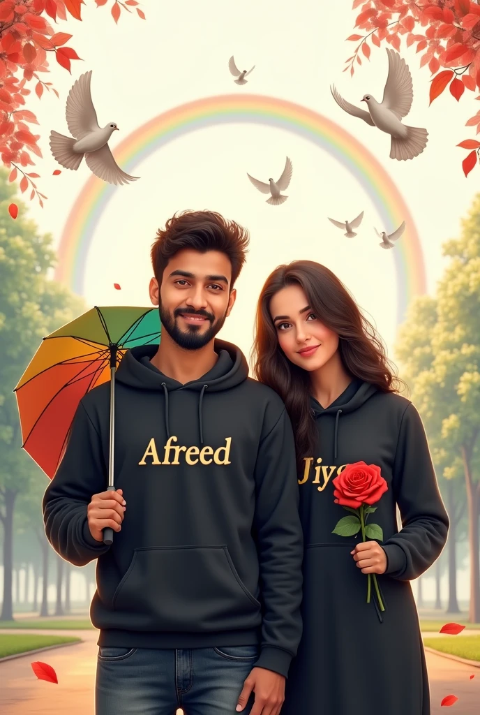 Realistic i 25-year-old Handsome boy with beard ,Black Hoodie with a 22-year beautiful girl in a Black Hoodie, the girl has a red rose flower in her hand, and the boy holding a multi-colorful umbrella in his hand, written in "Afreed" in the boy's hoodie, and "Jiya" in girl hoodie, in outdoor Park with white Background Doves Flying, Beautiful picture, pretty girl, So happy picture, profile pic, Rainbow Behind, 3d illustration, hyperrealistic, Look straight