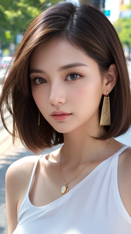 最high quality、masterpiece、High resolution、1 female、necklace、gem、Earrings、Beautiful Face、Body Up、Tyndall effect、Realistic、Rim Light、Two-tone lighting、(High resolutionスキン:1.2)、8k UHD、Digital SLR、Soft lighting、high quality、Volumetric lighting、photograph、High resolution、4K、8k、Brown haired woman、Adult、Small eyes、Perfect Mouth、Highly detailed eyes and mouth、Black natural eyes、Pure brown hair color、lol、Caucasian skin color、White shirt and random color tank top、Hair quality and shine、street、town、road、congestion、