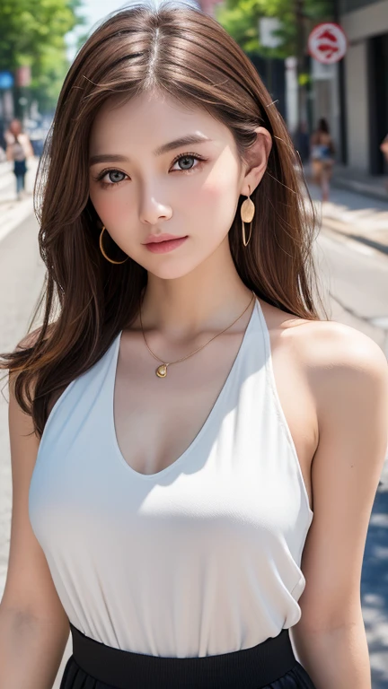 最high quality、masterpiece、High resolution、1 female、necklace、gem、Earrings、Beautiful Face、Body Up、Tyndall effect、Realistic、Rim Light、Two-tone lighting、(High resolutionスキン:1.2)、8k UHD、Digital SLR、Soft lighting、high quality、Volumetric lighting、photograph、High resolution、4K、8k、Brown haired woman、Adult、Small eyes、Perfect Mouth、Highly detailed eyes and mouth、Black natural eyes、Pure brown hair color、lol、Caucasian skin color、White shirt and random color tank top、Hair quality and shine、street、town、road、congestion、