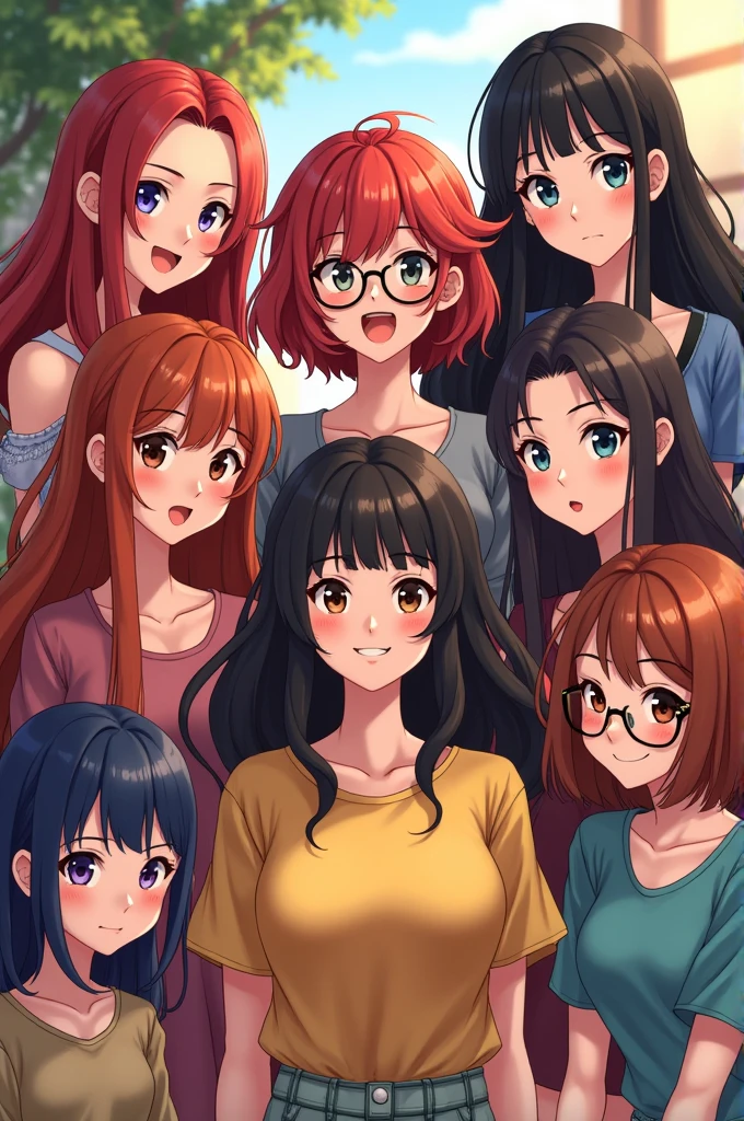 Create an image of a group of 8 female friends, a chubby one with long, medium-red hair, another with wavy hair and glasses and brown hair, one with short red hair, another with bangs and short black hair, another with medium-length black hair another with long hair and bangs and black hair another with super long black hair and glasses and another with long hair and a big butt