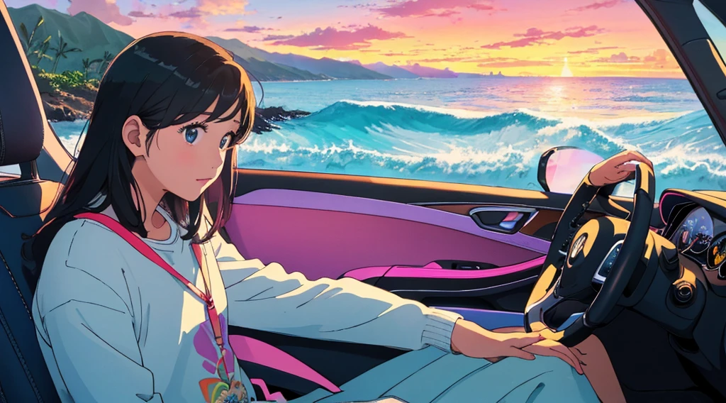 masterpiece, Highest quality, Rainbow Style, アニメ, Beautiful Asian Girl, Sitting in a car, Along the Hawaiian Coast, Cute and dreamy,アニメ,Illustrator,LOFI Girl, Blues,landscape,Sunset