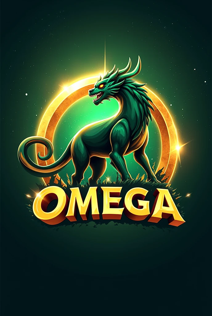 I need to logo for OMEGA with shinning goldren 3d font and the greenblack monster .For esport Background is space in star.i need more classic, graceful and shine.logo in goldren ring.