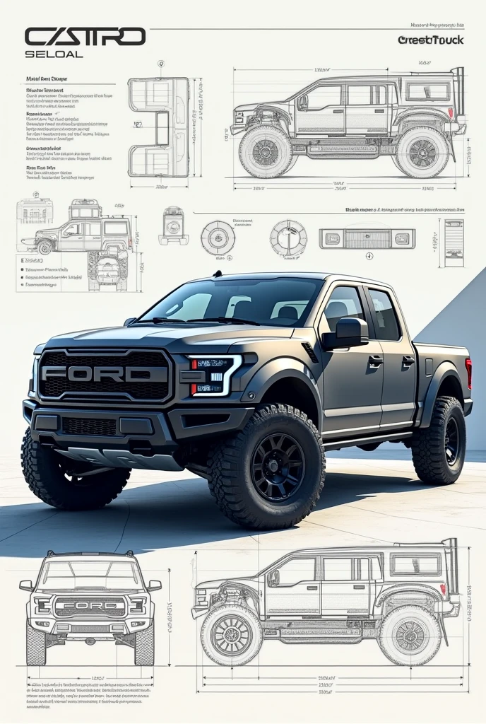Create a new pickup truck model that is not identical to other brands., with the CASTRO brand at the forefront, a imagem deve ser em forma de blueprint