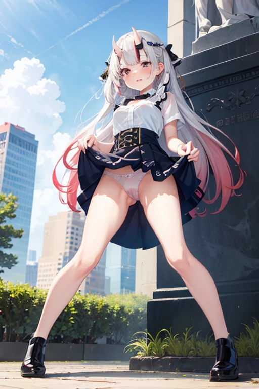 (masterpiece), best quality, expressive eyes, perfect face,nsfw:1.4,full body,handcuffs,sweat,embarrassed,public indecency,crying face:1.1,clenched teeth,from below,skirt lift:1.1,dashed eyes:1.1,open stance:1.2,statue,collar,see-through panties:1.1