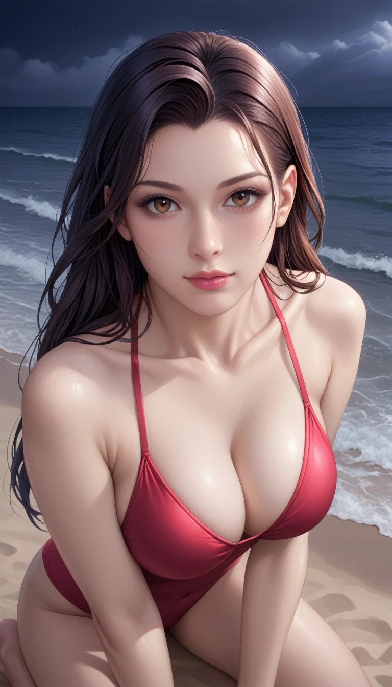 score_9, score_8_superior, score_7_superior, High-resolution CG illustration,A masterpiece in 32K resolution,Highest quality,it is really amazing,Very detailed,Ultra-high resolution,Ultra-realistic,Realistic,Increased depth of field,Cinematic lighting,
Sexy mature Japan woman,
Straight long hair with black hair,Ultra-detailed and beautiful face,Calm and gentle look,Beautiful brown eyes,Translucent white skin,Realistic skin texture,Great proportions,
Elegant red swimsuit,
Simple design,Chic color scheme based on red,Detailed fabric texture,
(Dark overcast sky on a dull night:1.1),(Dark clouds filling the sky:1.1),Thundercloud,Coastline at night,Stormy seas,delay々A desolate sandy beach that continues,
Kneeling on the sand,High angle,