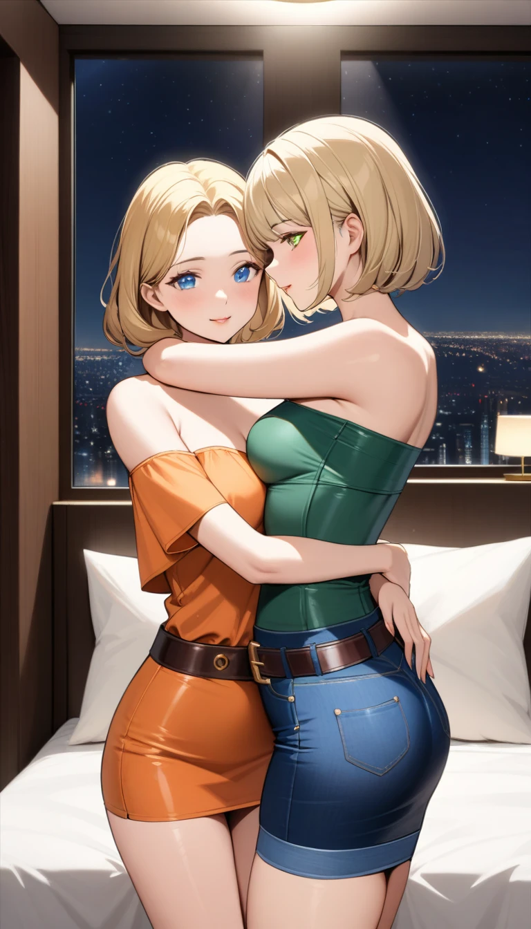 Two beautiful ladies ((lady 1: 35y old mom, with short straight blonde hair, lady 1 with blue eyes and caucasian skin, lady 1 wearing Tight Denim Skirt and Leather Belt, lady 1 Sexy Off-Shoulder Short Sleeves Orange Blouse)), ((lady 2: 13y old daughter, with short straight blonde hair, lady 2 with blue eyes and caucasian skin, lady 2 wearing Tight Denim Skirt and Leather Belt, lady 2 Sexy Off-Shouder Short Sleeves Dark Green Blouse)), luxurious jewelry, 18k gold wedding ring on left hand, standing in their bedroom at night, hugging and kissing each other, (light brown lipstick), (elegant mascara), (slim body), (small breasts), (wide hips), endjourney, <lora:GoodHands-, <lora:GoodLegs-, UHD, high resolution, (expressive eyes, perfect face, full body, expressive face, perfect body, perfect pussy, athletic, fit, slim body, blushing, Perfect makeup, eyeliner, beautiful eyelashes, smiling, horny face), ((best illumination, best shadows)), ((sexy pose))
