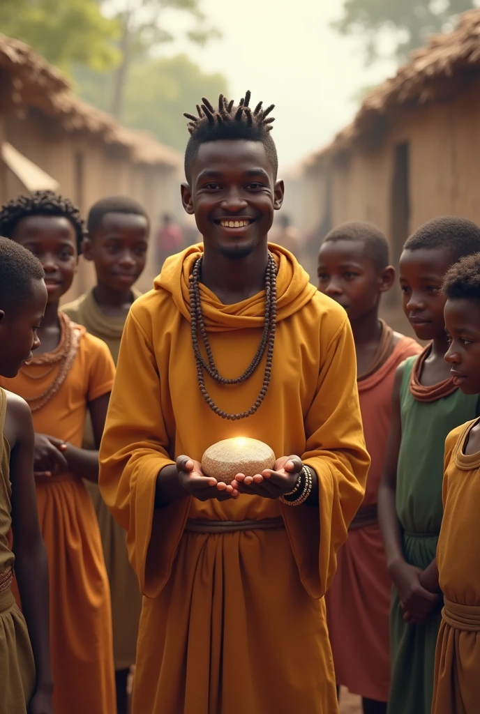 Back in the village, Kofi shares the stone with everyone, expliquant qu'elle symbolise la véritable richesse : generosity and mutual aid." a young man of 30 years old 

