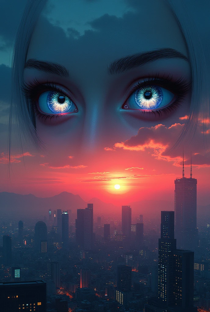 I wanted something like the Japanese cyberpunk cities in the background, as if it were a sunset, and two feminine eyes on the horizon above the city but that's at night, the same way, just highlighting the eyes a little more, as if they were the eyes of white girls. I WANT THE CITY IN THE BACKGROUND, IN THE PLACE OF THE SUN, On the plain (ground place) I WANT THE CLOUDS, makes the eyes more beautiful and detailed , no need for a nose, I ONLY WANT THE EYES EXTREMELY AT NIGHT, moonligh, moonligh