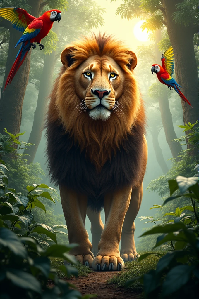 In the jungle, tall and wide,
Where the parrots often glide,
Lives a lion with a mane,
Roaring loud in sun or