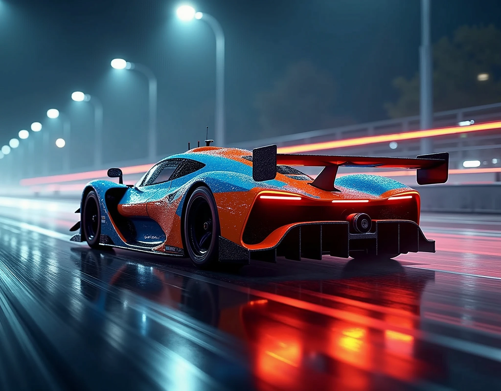The task is asking to annotate the image by describing its content. The image features a modern racing car prominently displayed in the foreground, characterized by its sleek design and vibrant color scheme. The car's position on a wet road suggests motion and speed, which is further emphasized by the streaks of light created by the headlights and ambient lighting. The background, though less distinct, provides context with the suggestion of an ongoing race or a high-speed drive at night. There are no people visible in the image, and the focus is solely on the vehicle and its immediate surroundings.