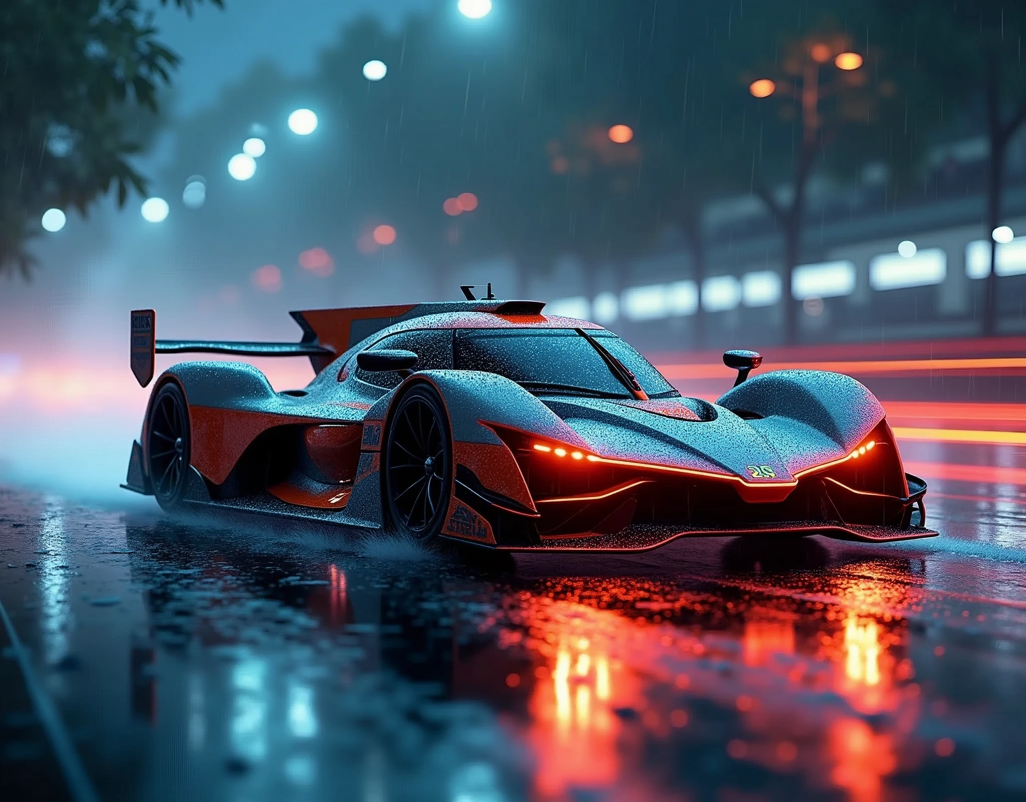 The task is asking to annotate the image by describing its content. The image features a modern racing car prominently displayed in the foreground, characterized by its sleek design and vibrant color scheme. The car's position on a wet road suggests motion and speed, which is further emphasized by the streaks of light created by the headlights and ambient lighting. The background, though less distinct, provides context with the suggestion of an ongoing race or a high-speed drive at night. There are no people visible in the image, and the focus is solely on the vehicle and its immediate surroundings.